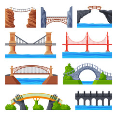 Various Bridges Collection, Urban Architecture Design Elements, Bridge Construction Flat Vector Illustration