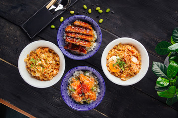 apanese food, tonkatsu, rice, salmon on the dark wooden table, top view