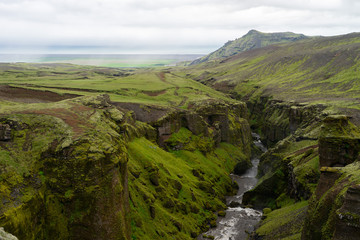 Fototapeta na wymiar Beautiful river with tiny waterfall in Iceland surrounded by green cliff