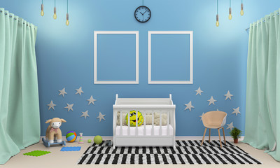 kid baby cot in the bedroom with toys 3d rendering