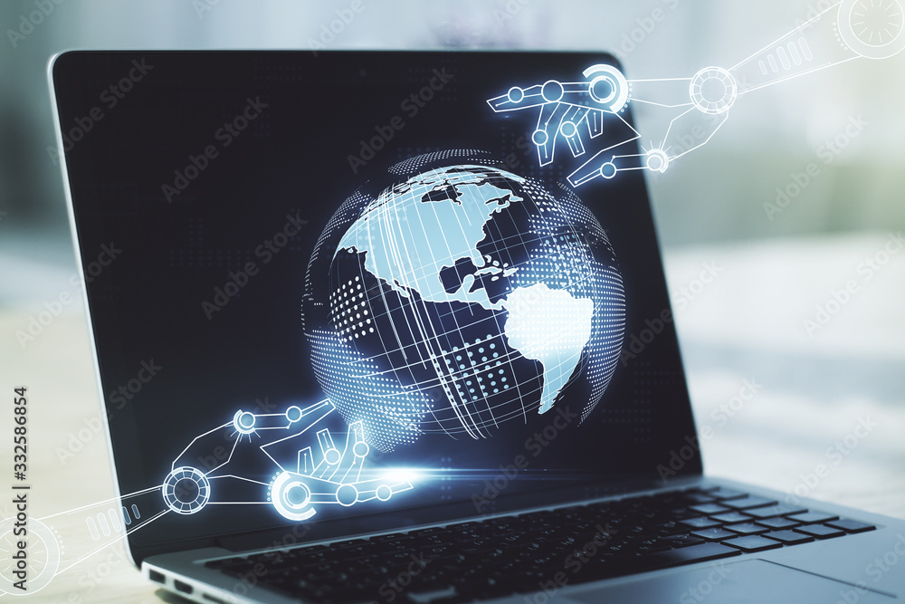 Aufkleber creative abstract robotics technology hologram with globe on modern computer background, artificial 