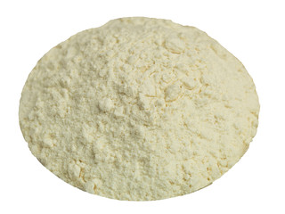 Wheat flour in a glass plate on a wooden background