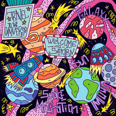 Hand drawn vector illustration with cartoon solar system planets Saturn, Earth, Mars, Neptune, Jupiter. Space lettering. Travel to the Universe. Great for posters and banners. Future concept.