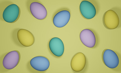 3D rendering of many colorful blue, green, yellow and pink painted eggs scattered against a yellow background. Illustration is great for Easter holiday banner or background.