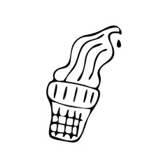 Hand drawn ice cream in wafer cup, black line, sketch vector illustration for summer design.