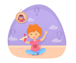 Boy playing with toy plane dreaming being pilot