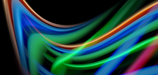 Abstract silk smooth lines on black, multicolored liquid fluid rainbow style waves on black