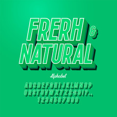 Vector Modern Logo 'Fresh and Natural' with 3D Font and Alphabet. Beveled Alphabet Letters with Shadow.
