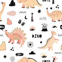 Cute seamless pattern with peach, orange, beige dinosaurs.