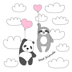 Cute panda and sloth fly on balloons in the sky with clouds