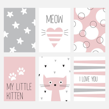 A set of six different cards with a nice cat on a pink, white and gray background.
