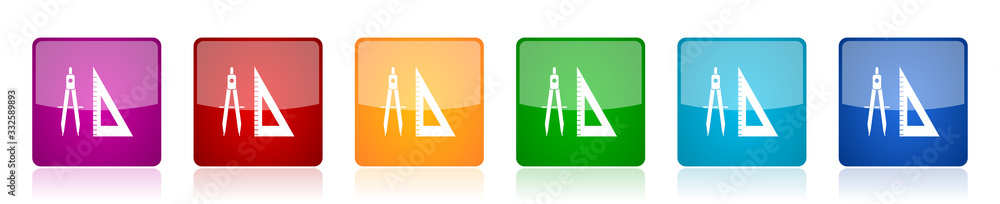 Poster learning icon set, colorful square glossy vector illustrations in 6 options for web design and mobil