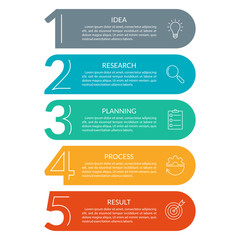 Fototapeta premium 5 steps info graphic with business icons and copy space. Infographics template with outline numbers. Five parts or options for menu and workflow layout design. Vector illustration.
