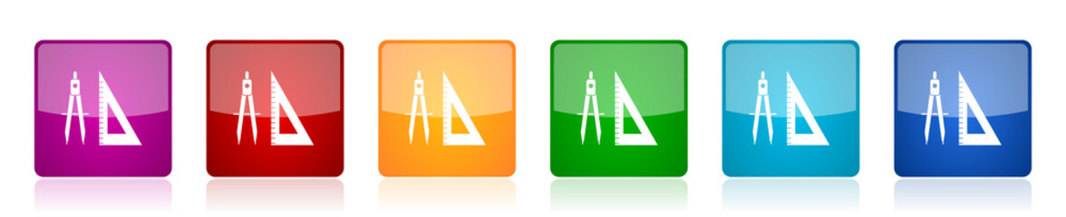 Learning icon set, colorful square glossy vector illustrations in 6 options for web design and mobile applications