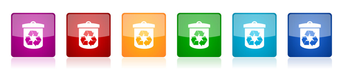 Recycle icon set, colorful square glossy vector illustrations in 6 options for web design and mobile applications