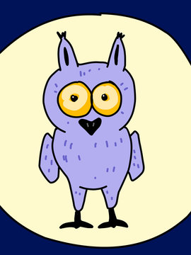 Funny comic character little owl full moon
