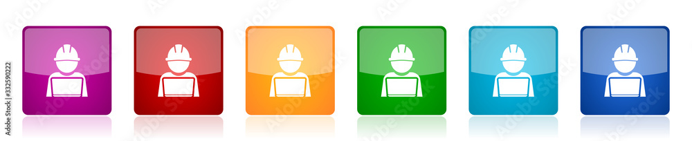 Poster Engineer with laptop icon set, worker, manager colorful square glossy vector illustrations in 6 options for web design and mobile applications