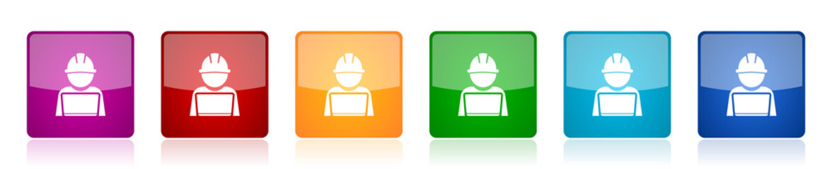 Engineer with laptop icon set, worker, manager colorful square glossy vector illustrations in 6 options for web design and mobile applications