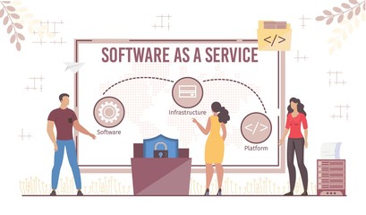 Software Infrastructure Platform Business Model Development. IaaS PaaS and SaaS Combination. Businesspeople and Computer with Service Infographic. Secure Data Exchange. Vector Illustration