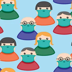 Fotobehang Seamless pattern of people in protective medical masks on a blue background. Vector image © Евгений Сергеев