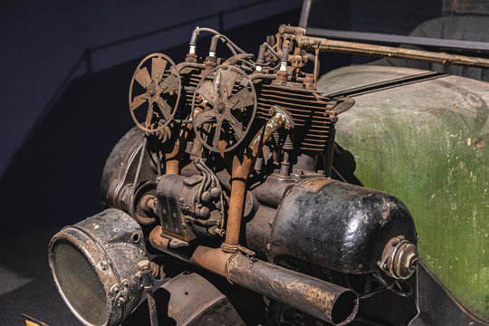 Old Historic Vehicle Engine, Has Two Fans And A Short Exhaust Pipe