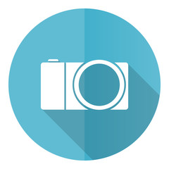 Mirrorless camera blue round flat design vector icon isolated on white background, photography illustration in eps 10