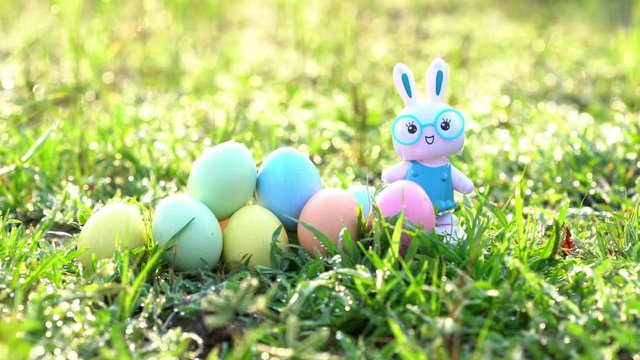 Little Bunny and easter eggs on meadow,Funny decoration,Happy Easter.