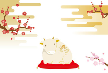 牛の置物　梅の木　和柄　年賀状