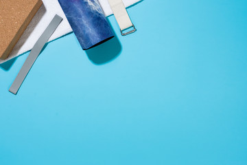 Yoga or fitness background, flat lay composition top view, copyspace