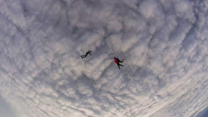 Investment. Parachutist performs an acrobatic trick in the air. Flying men make professional jump. Extreme as a hobby. 