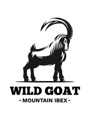Mountain Wild Goat, Ibex logo, emblem design. Vector illustration black & white. One color.