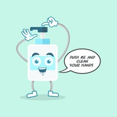Disinfection. Hand sanitizer bottle character with word balloon say 