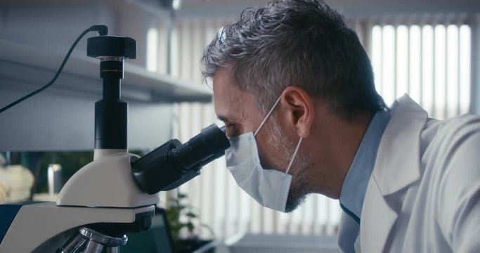 Scientist studying plant sample in microscope