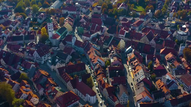Aerial view of the city Wangen im Allgäu in Germany on a sunny day in autumn. 