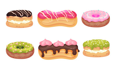 Glazed Doughnuts and Eclair Made from Choux Pastry Vector Set