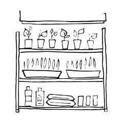 Illustrated shelving with lighting for seedlings, plants and flowers. Isolated object on a white background.