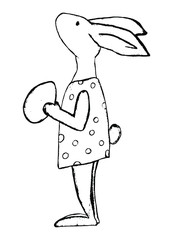 An isolated element of a decorative bunny in a sundress that holds an Easter egg. Vector illustration on a white background for the design of cards, banners, greetings, etc.