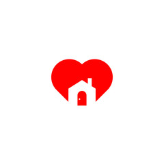 Abstract graphic vector illustration of the beloved house in the technique of negative space of the house on the background of the heart