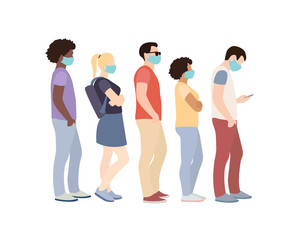Obraz premium Full length of cartoon sick people in medical masks standing in line against white background