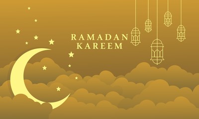 Ramadan Kareem Horizontal Banners with the Moon and stars, 3D Paper, Clouds and Stars on the Background of the Night Sky, Vector illustration, Vector Lantern. Place for Your Text.