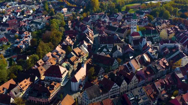 Aerial view of the city Wangen im Allgäu in Germany on a sunny day in autumn. 