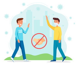 Do not contact. No handshake icon. Red prohibition sign. Precautions and prevention of coronavirus disease. No physical contact. Warning, dangerous infection on hands. Vector illustration flat design.