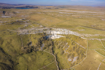 Aerial Drone shot of Mlaham Cove in the Yorkshire Dales National Park
