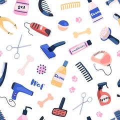 Grooming equipment for pet care salon seamless pattern. Various tools for bath, wash, cut, dry during caring of domestic animal on white background. Different items for coat at dog and cat saloon