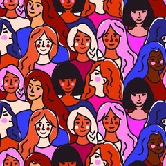 Seamless vector pattern with women of different nationalities and races. Greeting card for International Women's Day.