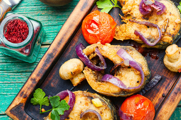 Fried mackerel with vegetables
