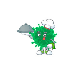 chef cartoon character of coronavirus pneumonia with food on tray