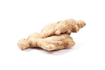 Ginger root isolated on a white background. Seasoning in the kitchen. Side view.