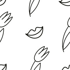 Vector seamless pattern with linear simple tulip flowers and smiling lips. Minimalism, line art design for textile, wallpaper, wrapping paper.