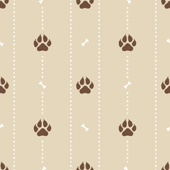 Seamless pattern with dotted stripes and realistic dog paw prints. Minimal flat background with pet footprint and bones in brown color. Texture for textile, fabric, wrapping. Vector Illustration.